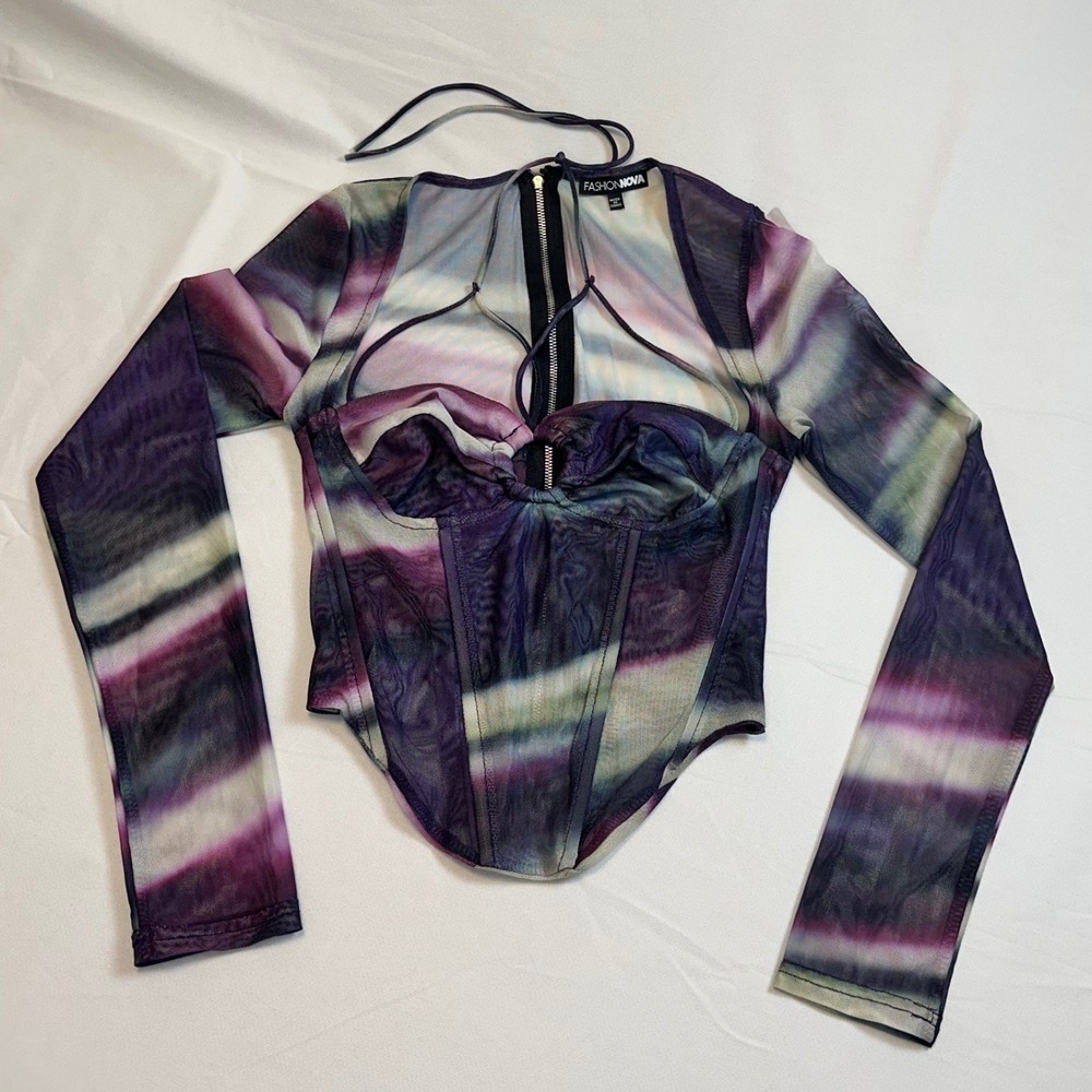 Fashion Nova Tie Dye Mesh Corset Long Sleeve‎ Top Zipper Halter Neck
